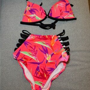 PINK Victoria's Secret Neon Pink Tropical High-Rise Bikini Set